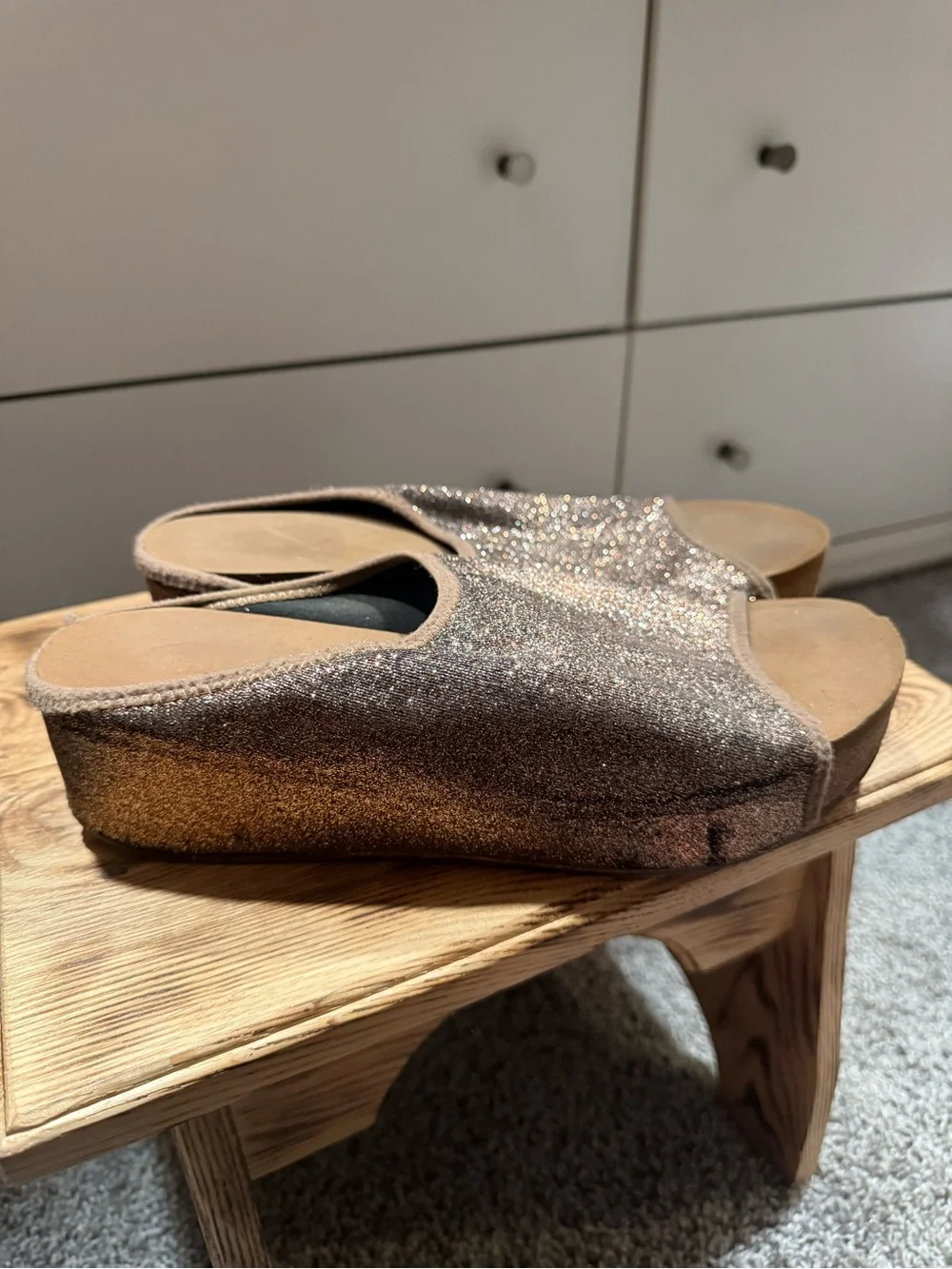 Volatile Glitter Open-Toe Slide Sandals in Taupe